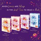 Text über Buchcovern: "When leaves are falling is the best time to read a book." Vier bunte Buchcover mit Blumen.