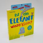 Text: "Nein, nein, nein!", "Ist ein ELEFANT winzig klein?", "zieh am Schieber und find's raus!" Gelbes Kinderbuch mit Elefantenmotiv.