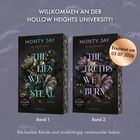 Zwei Buchcover mit floralen Designs. Band 1: "THE LIES WE STEAL". Band 2: "THE TRUTHS WE BURN", erscheint 03.07.2026.