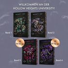 WILLKOMMEN AN DER HOLLOW HEIGHTS UNIVERSITY! Vier Buchcover mit floralen Designs, betitelt "The Lies We Steal", "The Truths We Burn", "The Blood We Crave", ET 04.01.27 und 30.04.27.