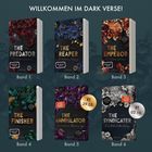 Text: "WILLKOMMEN IM DARK VERSE!", Buchumschläge: "THE PREDATOR", "THE REAPER", "THE EMPEROR", "THE FINISHER", "THE ANNIHILATOR", "THE SYNDICATER".