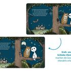 Text: "Am liebsten besucht das kleine Gespenst seinen Freund, den Uhu Schuhu." Illustration: Gespenst und Eule auf Baum.