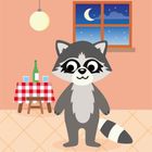 Text: "Im Restaurant gibt es heute Pizza." Illustration: Ein Waschbär in einem Raum mit Tisch und kariertem Tuch.