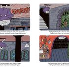 Vier Illustrationen: Hänky in einer Bibliothek und Hexenküche, Text erzählt von Hunger, Optionen und einer gefährlichen Küche.