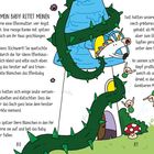 Text beschreibt eine Rettungsaktion für ein Elfkind. Illustration mit Elf, Einhorn und dorniger Ranke um Elfenhaus.