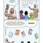 Comic-Illustration: Person erklärt Kindern Comics, zeigt Bilder und spricht über deren Vielfalt und Geschichten.