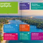 Camping-Highlights: Landschaft mit Küste und Fluss. Text bietet Touren zu Natur und Gourmet-Erlebnissen an.