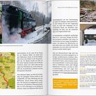 **Texte:** 
- "Aussteigen und loslaufen – Gleise und Hauptwanderweg laufen parallel."
- "Bereit zur Fahrt in den Rabenauer Grund."
- "Fazit: Im Rabenauer Grund liegt der dramatischste Streckenabschnitt der Weißeritztalbahn."
- "Hin & weg: Der Schmalspurbahnhof Freital-Hainsberg..."
- "Beste Zeit: Mit genügend Schnee..."

**Restliche Beschreibung:** 
Links ein Foto von Blättern, rechts eine Dampflokomotive im Schnee, drei kleinere Fotos oben. Links unten eine Karte.