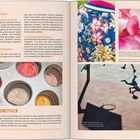 Texte auf der linken Seite geben Tipps zum Fotografieren in der Stadt. Rechts oben Blumenmuster auf Kleidung. Unten rechts Schattenspiel auf Asphalt.