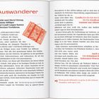 Texte: Auswanderer, Auch ein US-Präsident hat Schweizer Wurzeln. Illustration: rote Aktentasche mit Aufklebern.