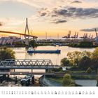 "September", Monatskalender mit Industriehafen, Kräne, Windräder, Gewässer, Brücke, Sonnenuntergang im Hintergrund.