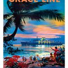 "CONNECTING SERVICES" oben, "B.I. STEAM NAVIGATION CO. LTD" unten. Schiff zwischen zwei Globussen auf orangefarbenem Hintergrund.