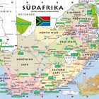 "SÜDAFRIKA", farbige Karte mit Städten, Nationalparks und Grenzen, Landesflagge oben. Rechteckige Form mit Landesumriss.