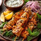 Gegrillte Hähnchenspieße mit Kräutern, Zitronenspalten, roten Zwiebeln und Minzblättern auf einem Teller mit Joghurtsauce.