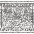 Illustration einer Karte: "DIE DREI KÖNIGREICHE". Orte: Eisenberge, Bernsteinwald, Perlenmeer. Verzierter Rahmen.