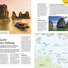 "Bucht von Halong" beschreibt die Sehenswürdigkeit und Geschichte. Eine Landkarte zeigt die Bucht mit Inseln und Orten.