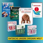"ENTDECKE UNSERE ORIGAMI-WELT." Verschiedene Origami-Bücher und Boxen mit 350 Origami-Papieren im Hintergrund.
