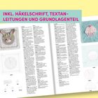 Oben steht: "INKL. HÄKELSCHRIFT, TEXTANLEITUNGEN UND GRUNDLAGENTEIL". Gehäkelte Quadrate mit Anleitungen.