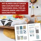 „Mit klaren Anleitungen und zahlreichen Illustrationen ideal für Anfänger:innen und Fortgeschrittene.“ Quilt mit buntem Muster. Buchseite mit Quiltmustern und Anweisungen daneben.
