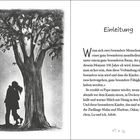 "Einleitung: Wenn sich zwei besondere Menschen in einer mondhellen Nacht unter einem 100-jährigen Baum küssen..."

Rechts Text, links Schwarz-Weiß-Gemälde von sich küssendem Paar unter Baum in sternenklarer Nacht.