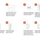 Titel: Fisch. Anweisung zur Origami-Fischfaltung in zehn nummerierten Schritten mit erklärenden Texten und Diagrammen.