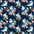 Text ist nicht vorhanden. 
Es handelt sich um ein Muster mit weißen Kranichen und rosa Blüten auf dunklem Hintergrund.