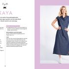 "Projekte: KAYA" ist ein textlastiges Design. Links Anleitungen, rechts Frau in blauem Kleid, freistehend, lila Hintergrund.