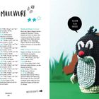Links: Anleitung für "Kleiner MAULWURF". Rechts: Häkelfigur eines Maulwurfs mit Text "ICH BIN 9 cm GROSS!".
