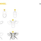 Schritt-für-Schritt-Anleitung zum Zeichnen einer Hummel, nummeriert von 1 bis 7. Text: "Jetzt bist du dran!"