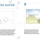 „Blick in die Natur“. Links: Skizze einer Landschaft mit Bäumen und Straße. Rechts: Colorierte Landschaft mit blauem Himmel.