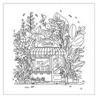 "Cafe" auf einem Schild über der Tür, darunter Pflanzen und Blumen; Fenster und eine offene Tür sichtbar; Illustration.