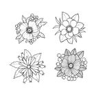Vier florale Illustrationen, jeweils mit Blüten und Blättern. Unterschiedliche Blumenarten und Anordnungen erkennbar.