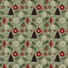 Weihnachtliches Muster mit Bäumen, Schneeflocken, Kugeln und Sternen auf hellgrünem Hintergrund.