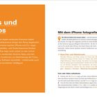 Texte: "Fotos und Videos", "Mit dem iPhone fotografieren". Links orangefarbener Kasten, rechts Text auf weißem Hintergrund.