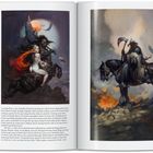 Zwei Gemälde mit bewaffneten Kriegern auf Pferden. Links steht ein Text über die Entstehung des ersten Gemäldes.