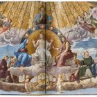 Eine religiöse Illustration mit himmlischen Figuren. Christus sitzt in der Mitte, umgeben von Heiligen und Engeln auf Wolken.