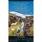 Zitat von Dietrich Bonhoeffer über Gottes Handeln. Bild von Schlucht mit Schaf. Text: „Gott ist anders“, Kalender September.