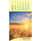 Kalender für September. Zitat: "Wer das Saatkorn hat, muss säen..." über einem Weizenfeld bei Sonnenuntergang.