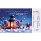 Kerzentext: "Mache dich auf, werde licht;... Herrlichkeit des Herrn...". Kalender: Dezember, rot hervorgehobene Sonntage. Schneeszene mit Laterne.