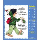Text: „Gott befiehlt seinen Engeln, dich zu behüten auf all deinen Wegen.“ Illustration: Ein clownähnliches Kind mit Rucksack.