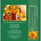 Kalender für Oktober. Zitat von Elli Michler. Foto: Gelbe Blumen in rotem Krug. Feiertage: 3.10. Tag der Deutschen Einheit.