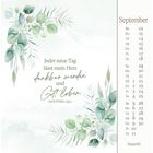 "Jeder neue Tag lässt mein Herz dankbar werden und Gott loben." September Kalender mit Eukalyptus-Illustrationen.