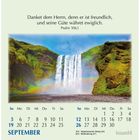 Der Text zeigt einen Psalm: "Danket dem Herrn, denn er ist freundlich, und seine Güte währet ewiglich." Bild eines Wasserfalls.
