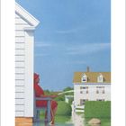 Illustration: Person in rotem Regenmantel auf Veranda, hält Schlauch, Überschwemmung, Haus im Hintergrund.