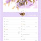 Kalenderseite mit September-Daten. Illustration: Vögel auf lila Blüten mit Blättern. Lila Hintergrund mit weißen Punkten.