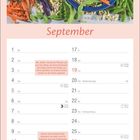 "September" in lila Schrift. Kalenderblatt mit Infos über Bohnen. Oben verschiedenfarbige Bohnen auf blauem Teller.