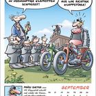 Zwei Sprechblasen: Einer verlangt vernünftige Klamotten, ein anderer freut sich über Klappstühle. Motorräder darstellende Illustration.