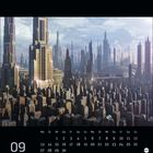 Kalenderseite mit September-Daten, darunter futuristische Stadtansicht von Wolkenkratzern unter blauem Himmel.