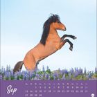 "Sep" mit kleinem Kalender darunter. Ein braunes Pferd steht auf den Hinterbeinen auf einem Blumenfeld.