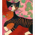 Text unten: "September". Eine bunte Illustration einer Katze mit geometrischen Mustern und lebendigen Farben.